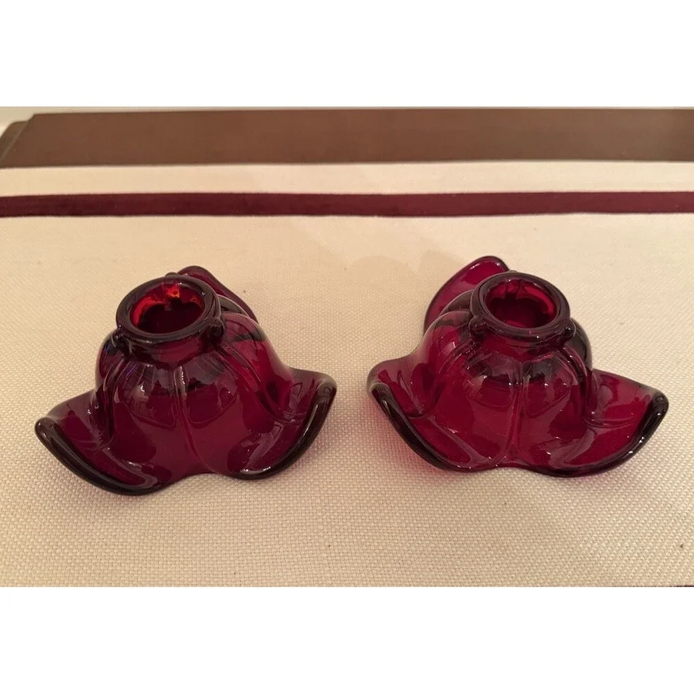 Vintage 1930s Ruby Red Duncan Miller Glass #71 American Leaf Candleholder Set